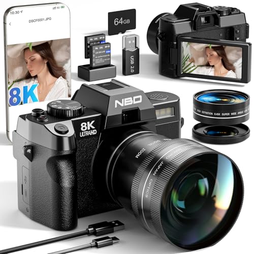 NBD 8K 64MP Digital Cameras for Photography with 16X Zoom,2026 Upgraded Autofocus Vlogging Camera with 180°Flip Screen,Point and Shoot Digital Cameras with 2 Batteries,64GB Card,52mm Macro Lens(Black)