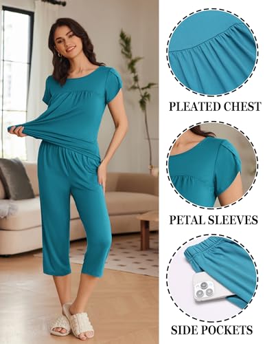 Image of Ekouaer Women's Capri Pajama Set Short Sleeve Mumu Pjs Pleated Top Capri Pants with Pockets Sleepwear Lounge Set