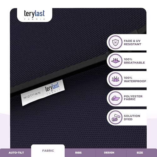 Image of Midtown Umbrellas - 10-Year-No-Fade 8 Ft Patio Umbrella with Terylast Fabric, Auto-Tilt Aluminum Frame and 8 Reinforced Ribs for Deck, Pool, Garden & Beach - Navy Blue Canopy, Black Pole