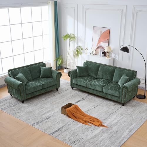 Image of KEIKI 2-Piece Sofa Set with 1 Oversized Chenille 3-Seater Sofa & 1 Loveseat Sofa, Upholstered 5-Seater Couch Set with Nailhead Trim, High-Density Foam Cushions, Rolled Arms, for Living Room, Green