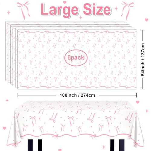 Image of Avezano 6 pcs Pink Bow Tablecloths 108x54 inch Bow Birthday Decorations Pink Coquette Bow Plastic Table Cover Disposable Bachelorette Party Supplies