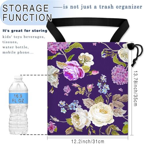 Image of Car Trash Bag Hanging Back of Seat Waterproof Small Cute Printed One-Handed Strap Drawstring Garbage Bags for Car-Purple Floral