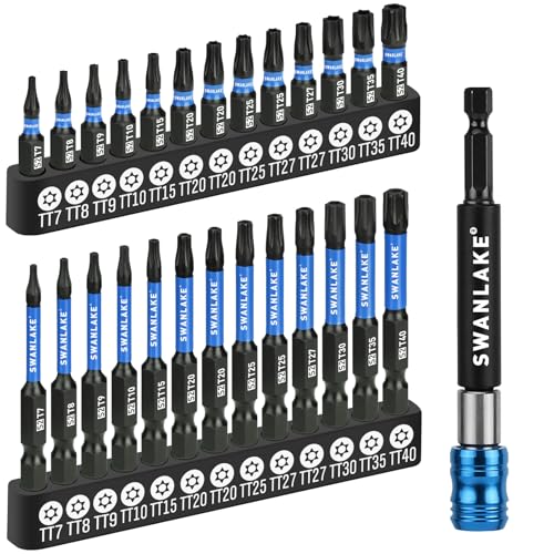 SWANLAKE Impact Torx Bit Set 27-piece (TT7-TT40) 1&2 Security Tamper Proof Magnetic Screwdriver Bits CNC Machined Tips S2 Steel Long Torque Star Bits with 4 Impact Bit Holder and Storage Box