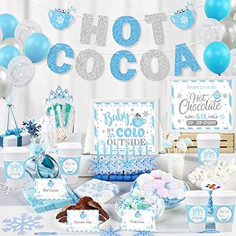 Hot Cocoa Bar Kit Hot Cocoa Bar Banner Baby It’s Cold Outside Bar Sign Toppings Labels Tent Cards Cup Tags Stickers with 30pcs Snowflake Balloons for Frozen Party Winter Wonderland Birthday Baby Cover