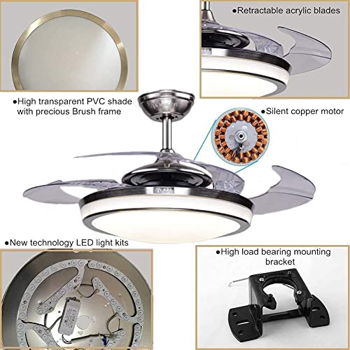 Fandian 44" Modern Ceiling Fan With Lights Remote Control Chandelier Fixture, 3 Lighting Changes Retractable Fandelier For Living Room Bedroom, Brush Chrome With Silent Motor #TOP5