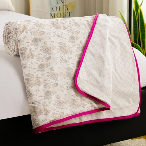 Image of Story@Home Dohar Double Bed Cotton 100% | 150GSM 225 x240 cm Quilt AC Blanket for Summer | AC Comforter Double Bed | Baby Pink & White, Floral Reversible Design Duvet | All-Season Blanket
