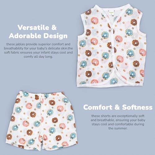 Image of BAYBEE 100% Muslin Cotton New Born Baby Clothes for Kids | Sleeveless Summer Wear with Soft & Breathable | Shirt and Shorts Set | Jablas for Baby Girl Boy Dress