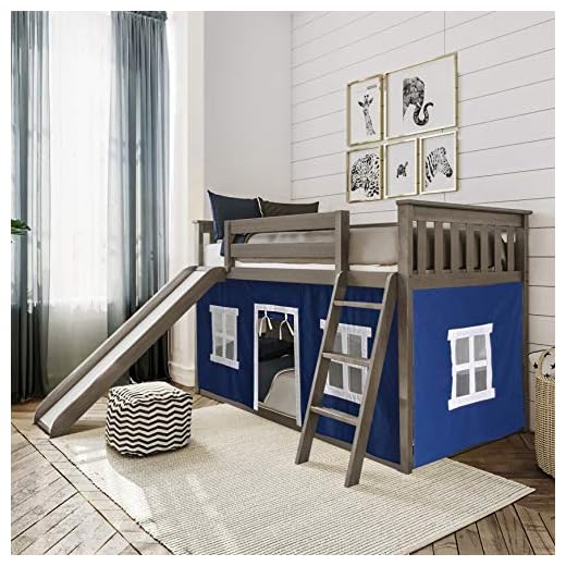 Max & Lily Low Bunk Bed, Twin-Over-Twin Bed Frame For Kids With Slide and Curtains For Bottom, Clay/Blue