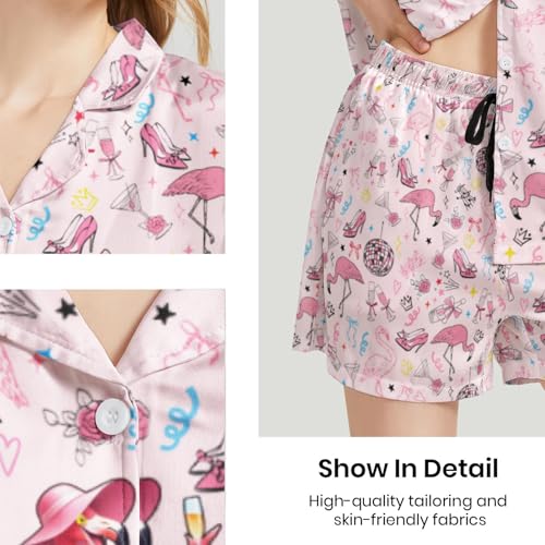 Image of Funny Satin Pajamas Set for Women Button Down Sleepwear Print Pjs Set 2 Piece Short Sleeve Loungewear Gift for Women