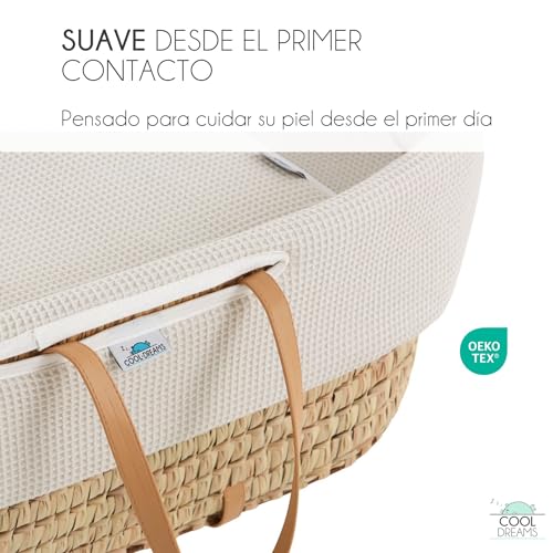 Miniatura 4 de Moisés Para Bebé Recien Nacido, Incluye Vestidura 100 Algodón, Colchón, Balancín Natural, Capazo De Mimbre De Palma Natural Y 2 Bajeras Impermeables Gofre Renard Cooldreams