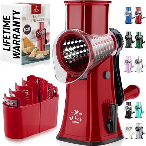 Image of Zulay Kitchen Rotary Cheese Grater 5 Blade Cheese Shredder - Manual Hand Crank Cheese Grater With Reinforced Suction & 5 Interchangeable Drums - Easy to Use, Vegetable Chopper Round Mandoline Slicer