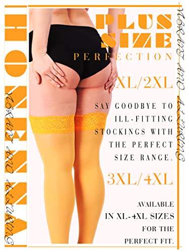 Image of HONENNA Plus Size Thigh High Stockings, Semi Sheer Stay Up Lingerie Lace Top Pantyhose for Curvy Women