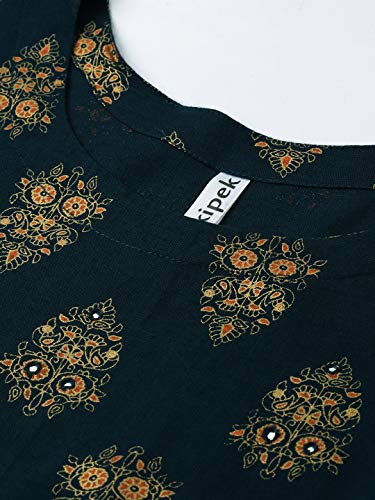 Image of KIPEK Women's Mustard Block Print Kurta with Dupatta - Rayon Fabric, 3 /4 Sleeves, Round Neck and Ankle Length.