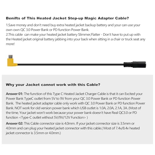 Smarkey 9V Heated Jacket Battery Step-Up Adapter Charger Cable for 7.4V 8.4V Heated Jackets, Heated Hoodies and Heated Vests, Compatible with QC 3.0 & PD Power Banks (Not for 12V Heated Gear)