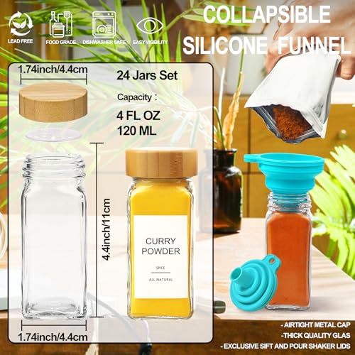 24 قطعة من برطمانات التوابل الزجاجية مع اغطية محكمة الغلق من الخيزران و398 ملصق، حاويات توابل مربعة فارغة سعة 4 اونصة، زجاجات منظمة للتوابل، اغطية شيكر وقمع وفرشاة وقلم تحديد من ايسيبرين