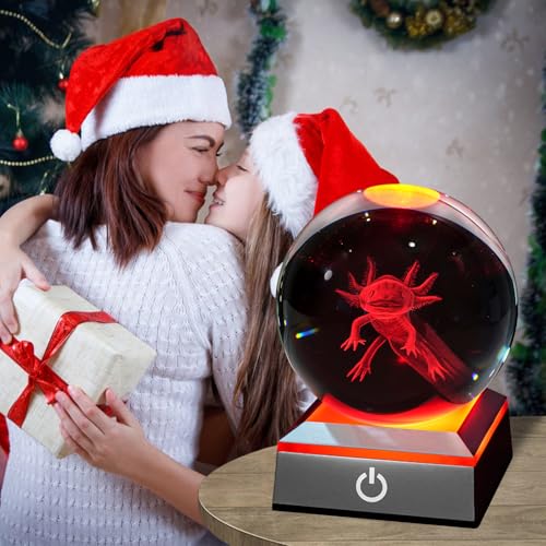 Image of 3D Axolotl Crystal Night Light with Multicolor LED Base Glass Laser Engraved Axolotl Figurines Gifts for Boys Girls Lovers Birthday Christmas Room Decor