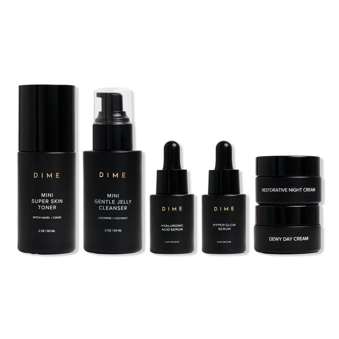 DIME Beauty The Works Discovery Set - 6-Piece Clean Skincare Starter Kit with Cleanser, Toner, Hyper Glow Serum, Hyaluronic Acid Serum & Day/Night Creams, Vegan & Cruelty-Free