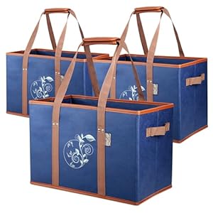 Reusable Grocery Shopping Bags, Foldable, Heavy Duty Tote, Box Bags with Long Handles and Solid Bottom, Large – Set of 3, Navy Blue