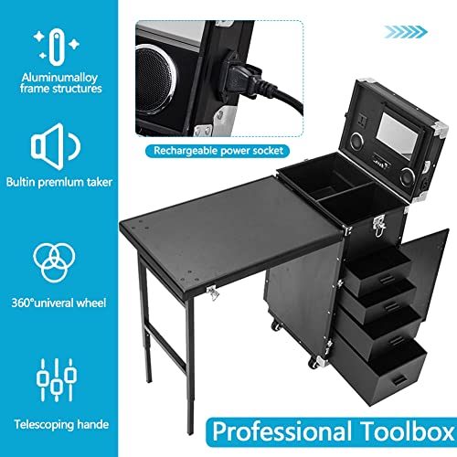 Eachbid Rolling Manicure Table, Black Aluminum Nail Workstation Desk With 4 Drawers Mirror Speaker, Lockable Cosmetic Trolley Storage Train Case Organizer Tool Box For Makeup Salon Travel #TOP1