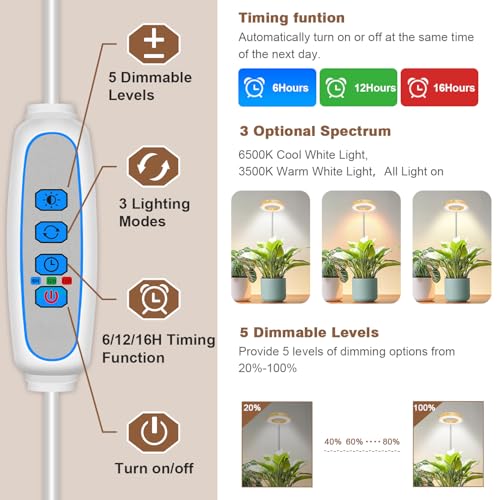 Image of Aokrean Grow Light, 48 LEDs Full Spectrum Plant Lights for Indoor Growing, Height Adjustable Wood Grain Plant Grow Light with Base, 3 Optional Spectrums, Auto Timer 6 /12 /16Hrs, 5 Brightness