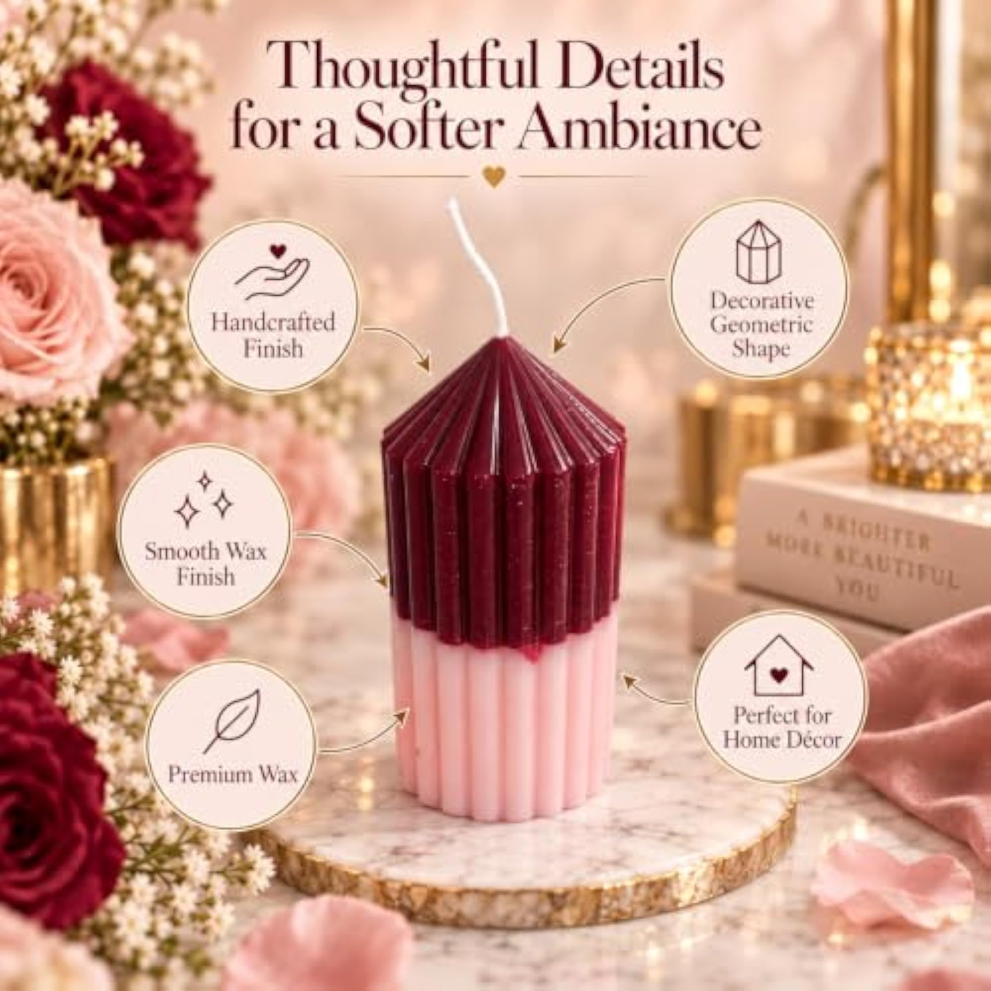 Handcrafted Geometric Pillar Candle in Burgundy