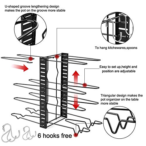 Devan Pots And Pans Organizer Adjustable 8+ Pots And Pans Oragnizer, Kitchen Counter And Cabinet Pot Lid Holder With 3 Diy Methods (6 Hooks Included) #TOP3