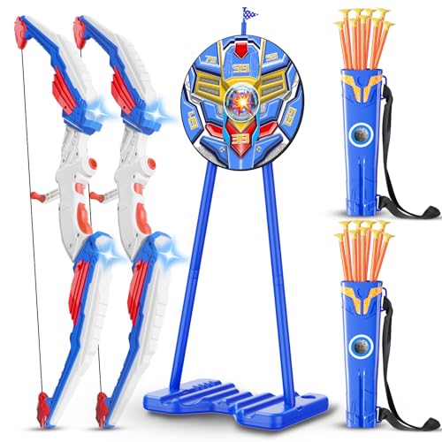 DX DA XIN Tir a l Arc Enfants Jouet 2 Pack - Cible de Rétroaction Debout Arc et Flèche avec LED Lumières 20 FlèChes 2 Cuisiniers Intérieur Extérieur Sportifs Jouet Garcon 4 5 6 7 8 9 Ans Cadeaux