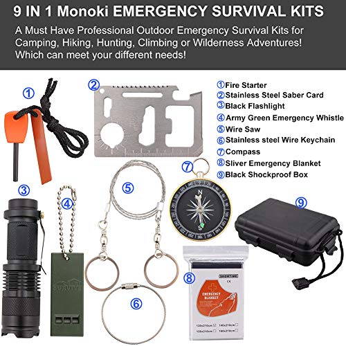 Emergency Survival Kit, Monoki 9-In-1 Compact Outdoor Survival Gear Kits Portable EDC Emergency Survival Tools Set with Gift Box for Camping Hiking Hunting Climbing Travelling or Wilderness Adventures - Thumbnail 5