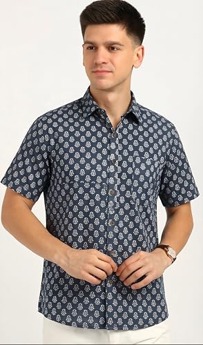 Image of BLOCKS OF INDIA Cotton Hand Block Print Half Sleeves Summer Shirt for Men