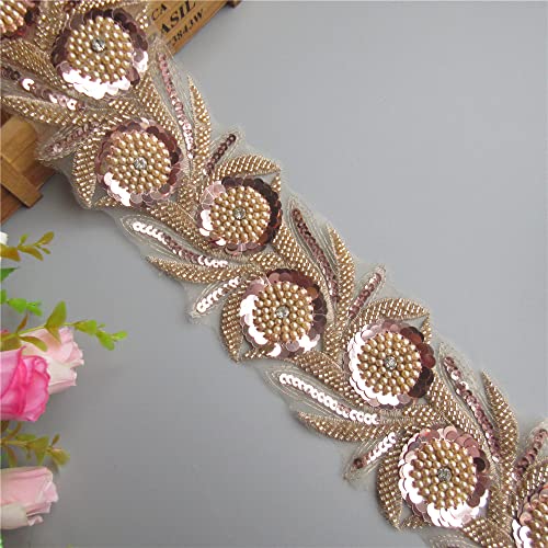 1 Meter Bright Pearl Beaded Sequins Crystal Flower Lace Trim Ribbon 8.5Cm Width Vintage Trimmings Fabric Embroidery Patchwork Sewing Craft Handmade Wedding Dress Clothes Decoration (Champagne) #TOP8