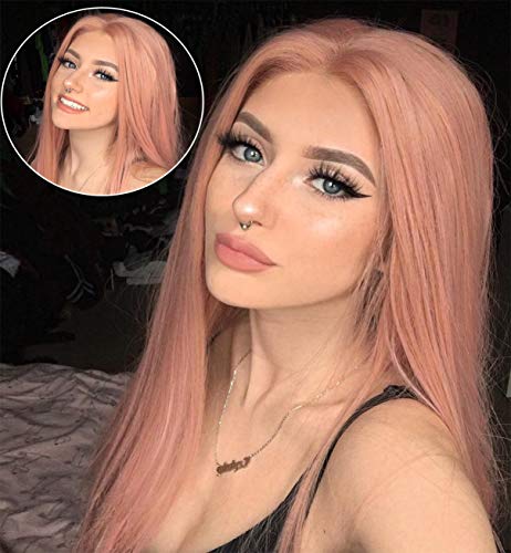 VEBONNY Light Rose Pink Lace Front Perücken für Damen Cosplay Pink Lace Perücken Synthetic Hair Pink Perücke 22 Zoll VEBONNY-004