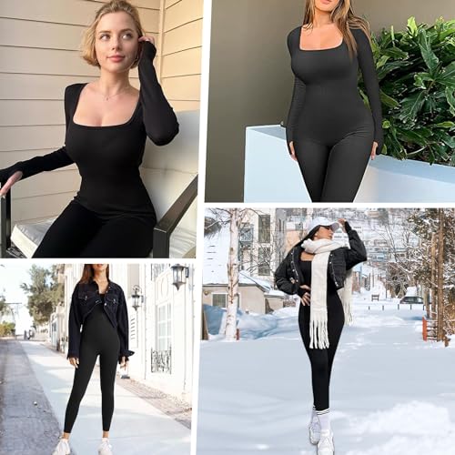 OEAK Damen Sport Jumpsuit Lang Eng Yoga Bodysuit Overall Stretch Langarm Bodycon Strampler Sportanzug Einteiler Hosenanzug Trainingsanzug,Schwarz,S