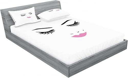 Miniatura 200 de Ambesonne Juego de sábanas bajeras y fundas de almohada con diseño de gato durmiendo en luna creciente, estrellas, sueños nocturnos, juego de ropa