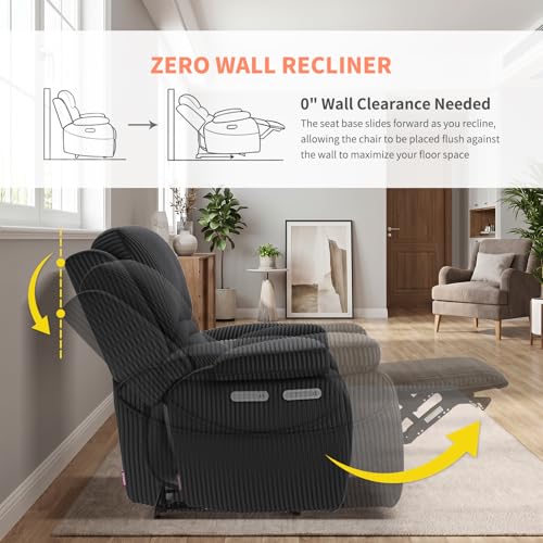 Image of EONIX Real Zero Clearance Wall Hugger Power Recliner Chair with Adjustable Headrest for Small Spaces, RV, Living Room, Bedroom, 24.4'' Seat Width, 400lbs Heavy Duty, SXXY017992, Corduroy, Jet Black