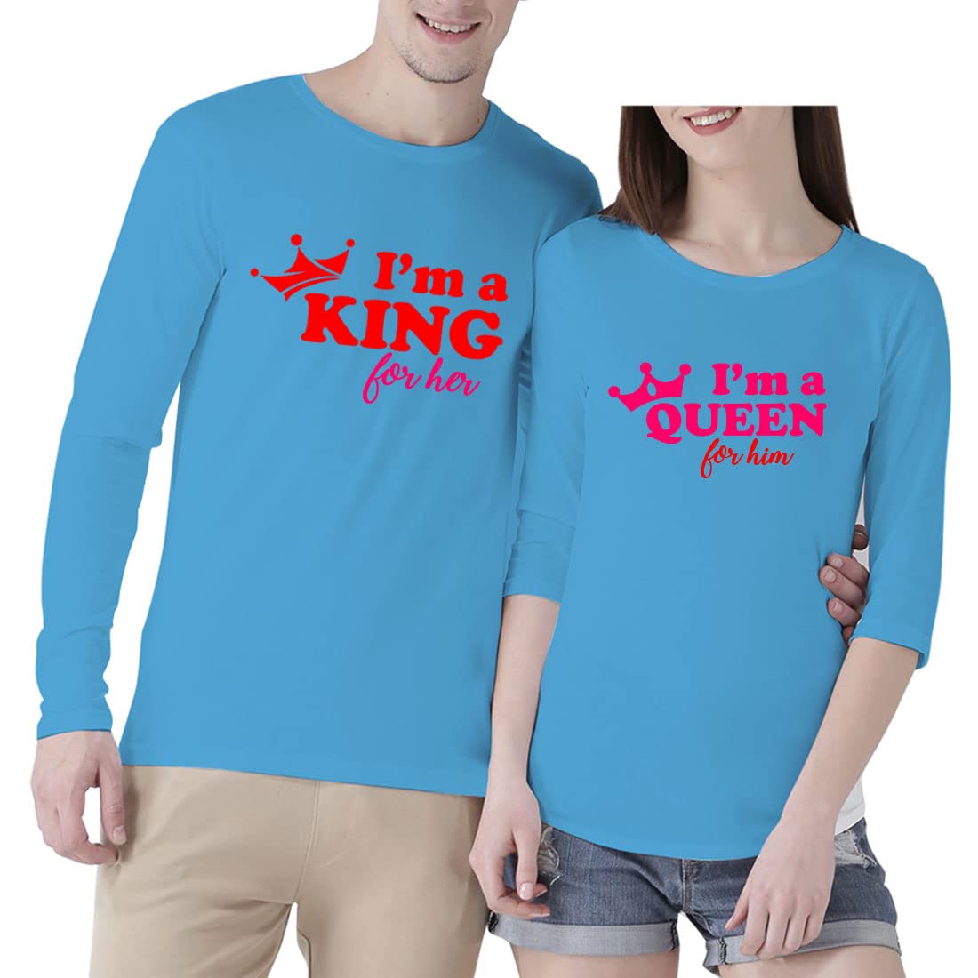 RAINBOWTEES Couple IM' a King -Queen Turquoise Blue Full Sleeve Tshirts Set of 2 for Men - Women