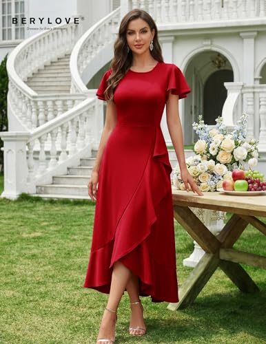 Image of BeryLove Women Formal Party Dress Flutter Short Sleeve Wedding Cocktail Long Evening Dress