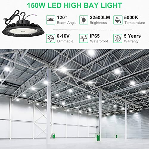 Bft Ufo Led High Bay Light 150W 22500Lm 0-10V Dimmable 5000K,600W Hid/Hps Replacement,5' Cable With Plug,Ul Certified Driver Ip65 Hanging Hook,Shop Lights For Warehouse Garage Gym,Workshop #TOP2