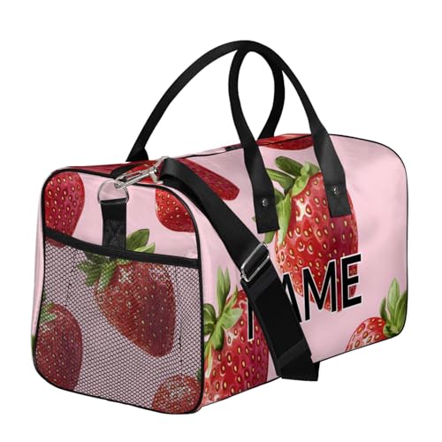 Personalized Fruit Strawberry Travel Duffel Bag with Name, Custom Gym Sport Bag Green Leaf Summer Carry On Weekend Overnight Duffel Bag for Men Women3