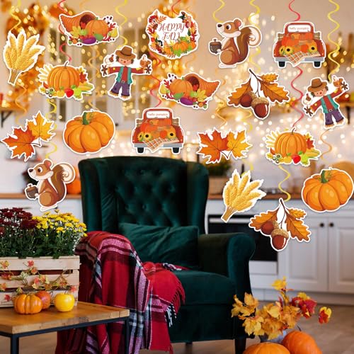 Image of 40Pcs Fall Hanging Swirls Ceiling Decorations, Fall Pumpkin Maple Leaf Hanging Swirls Autumn Fall Party Hanging Decorations Autumn Swirls Streamers for Fall Harvest Thanksgiving Party Decor