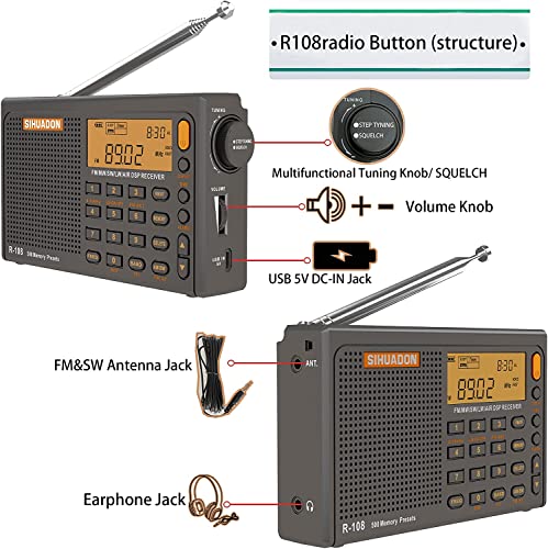 Sihuadon R108 Shortwave Am Fm Radio Lw Mw Air Band Dsp Full Band Portable Radio Battery Operated With Sleep Timer Alarm Clock 500 Memories Preset Stations For Family By Radiwow (Grey) #TOP2