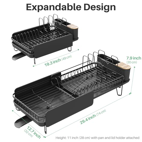 Image of Large Expandable Dish Drying Rack for Kitchen Counter, 19.3-29.4 in, Black | Family Size Capacity, Adjustable Dividers for Pan, Lid & Cutting Board, Stainless Steel, Rotating Spout, Utensil Holder