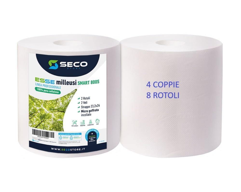 SECOSTORE - 8 Rotoli smart - carta asciugatutto Industriale - 2 veli per uso alimentare - 1600 strappi a coppia - pura cellulosa