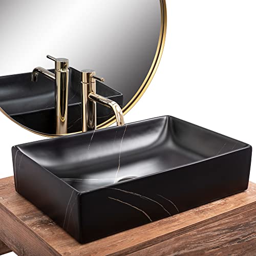 Rea Aufsatzwaschbecken Inga Black Marble Mat Waschtisch Handwaschbecken Waschschale Waschbecken für Badezimmer aus hochwertiger Keramik 510 mm x 345 mm x 120 mm (schwarz matt)