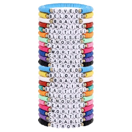 Taouzi 24Pcs Friendship Bracelets Bulk Inspirational Gifts for Women Handmade Rainbow Clay Beads Friendship Bracelets Motivational Quotes Jewelry Gifts for Women Men