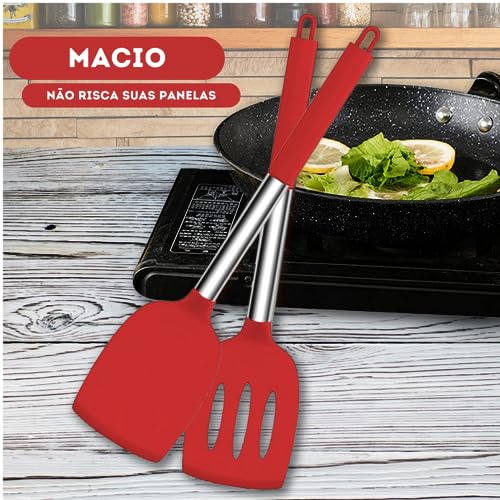 Kit 15 Utensílios De Cozinha Com Cabo De Inox e Silicone Premium (Vermelho)