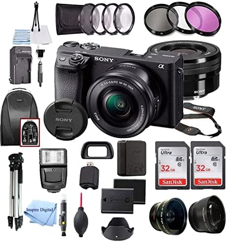 Alpha a6400 Mirrorless Digital Camera 24.2MP Sensor with 16-50mm Lens, 2 Pack SanDisk 32GB Memory Card, Backpack, Full Size Tripod & Inspire Digital Cloth Accessory Bundle (Black) (Renewed)