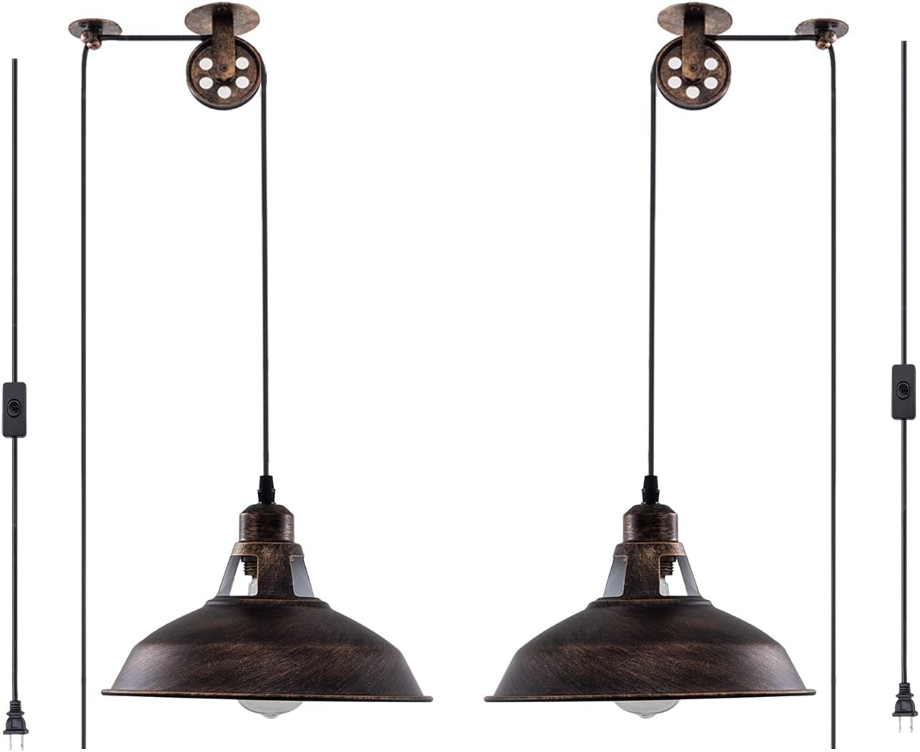 Plug in Pendant Light Industrial Pulley Pendant Lamp E26 Vintage Hanging Light Fixture With 16.4ft Cord On/Off Switch For Pool Table,Houseplant Grow lights,Kitchen Island,Sink 2 Pack Aged Bronze