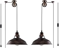 Lovefindahome Industrial Pulley Pendant Lights Plug-in E26 Vintage Hanging Lamps 16.4ft Cord Adjustable 2 Pack Aged Bronze for Kitchen Pool Table