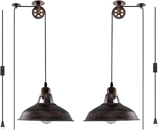 Lovefindahome Industrial Pulley Pendant Lights Plug-in E26 Vintage Hanging Lamps 16.4ft Cord Adjustable 2 Pack Aged Bronze for Kitchen Pool Table