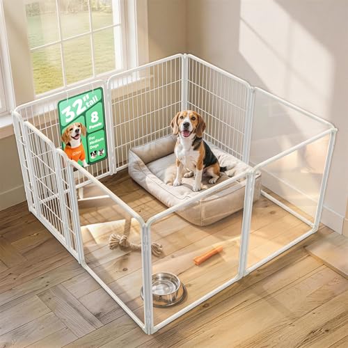 FXW AuraSpace Pro Acrylic & Wire Mesh Indoor Dog Playpen, 32" Height 8 Panels Metal Dog Pen for Small and Medium Dogs, White Patented